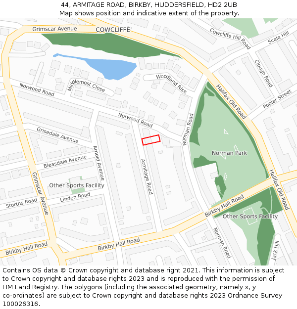 44, ARMITAGE ROAD, BIRKBY, HUDDERSFIELD, HD2 2UB: Location map and indicative extent of plot