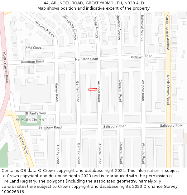 44, ARUNDEL ROAD, GREAT YARMOUTH, NR30 4LD: Location map and indicative extent of plot