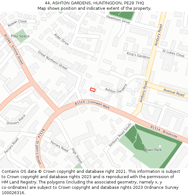 44, ASHTON GARDENS, HUNTINGDON, PE29 7HQ: Location map and indicative extent of plot