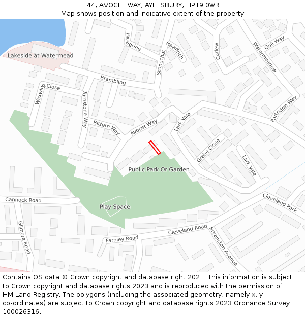 44, AVOCET WAY, AYLESBURY, HP19 0WR: Location map and indicative extent of plot