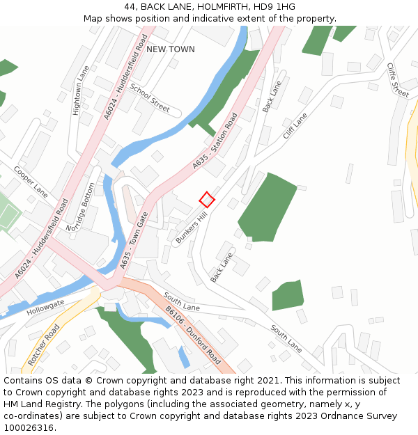 44, BACK LANE, HOLMFIRTH, HD9 1HG: Location map and indicative extent of plot