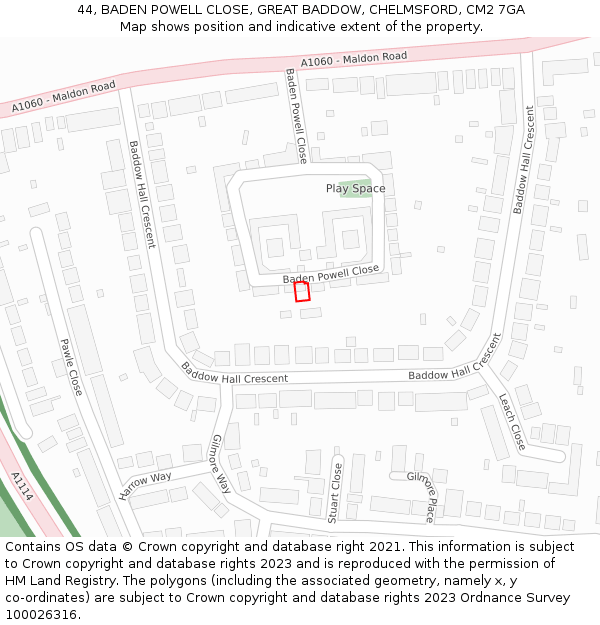 44, BADEN POWELL CLOSE, GREAT BADDOW, CHELMSFORD, CM2 7GA: Location map and indicative extent of plot