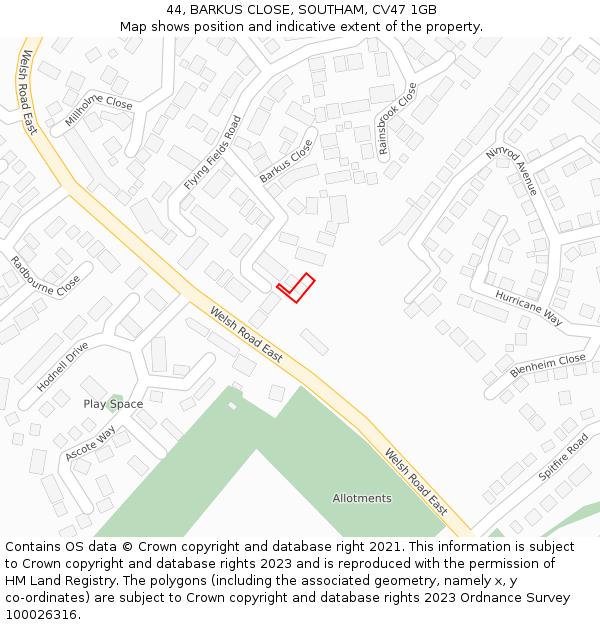 44, BARKUS CLOSE, SOUTHAM, CV47 1GB: Location map and indicative extent of plot