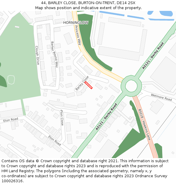 44, BARLEY CLOSE, BURTON-ON-TRENT, DE14 2SX: Location map and indicative extent of plot