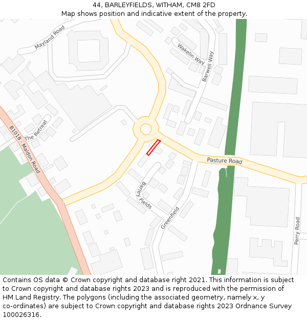 44, BARLEYFIELDS, WITHAM, CM8 2FD: Location map and indicative extent of plot