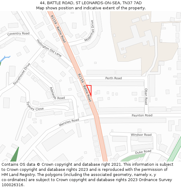 44, BATTLE ROAD, ST LEONARDS-ON-SEA, TN37 7AD: Location map and indicative extent of plot