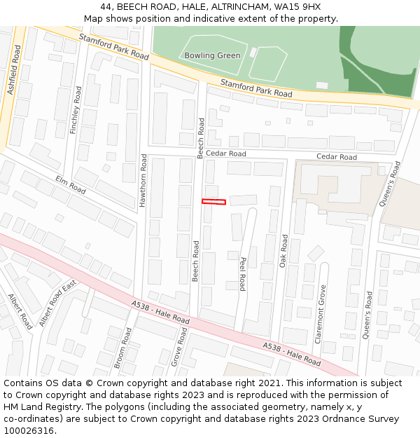 44, BEECH ROAD, HALE, ALTRINCHAM, WA15 9HX: Location map and indicative extent of plot