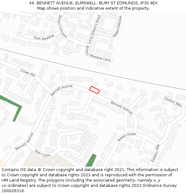 44, BENNETT AVENUE, ELMSWELL, BURY ST EDMUNDS, IP30 9EX: Location map and indicative extent of plot