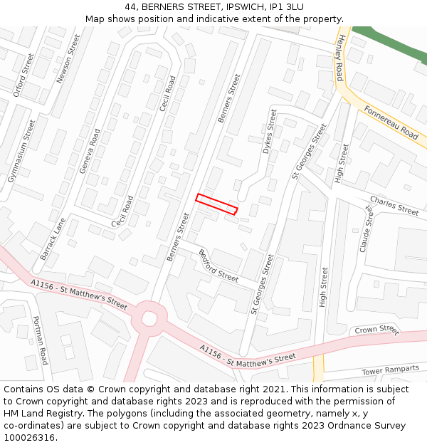44, BERNERS STREET, IPSWICH, IP1 3LU: Location map and indicative extent of plot
