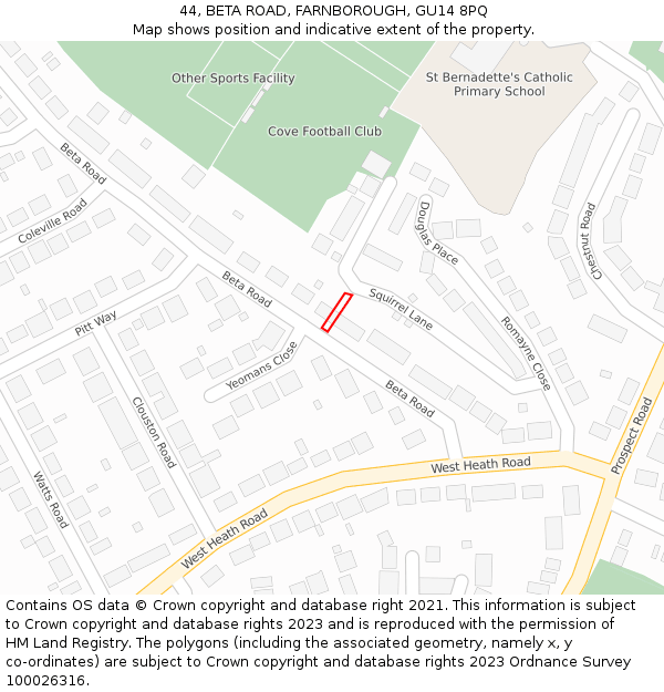44, BETA ROAD, FARNBOROUGH, GU14 8PQ: Location map and indicative extent of plot