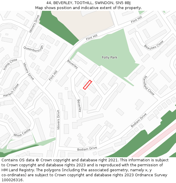 44, BEVERLEY, TOOTHILL, SWINDON, SN5 8BJ: Location map and indicative extent of plot