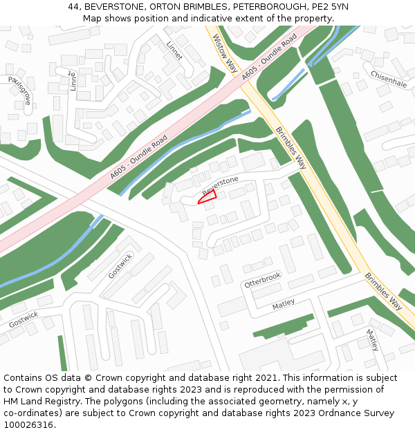 44, BEVERSTONE, ORTON BRIMBLES, PETERBOROUGH, PE2 5YN: Location map and indicative extent of plot