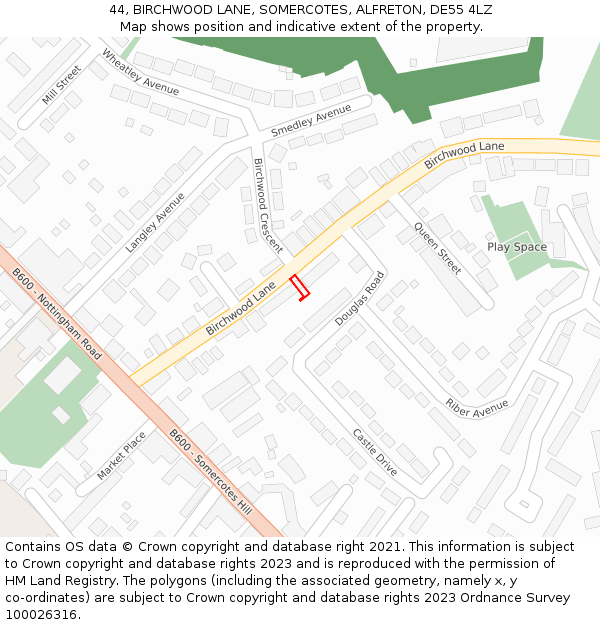 44, BIRCHWOOD LANE, SOMERCOTES, ALFRETON, DE55 4LZ: Location map and indicative extent of plot