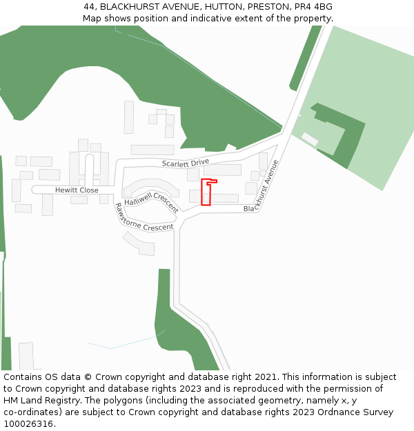 44, BLACKHURST AVENUE, HUTTON, PRESTON, PR4 4BG: Location map and indicative extent of plot