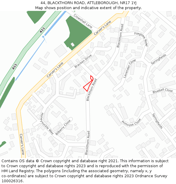 44, BLACKTHORN ROAD, ATTLEBOROUGH, NR17 1YJ: Location map and indicative extent of plot