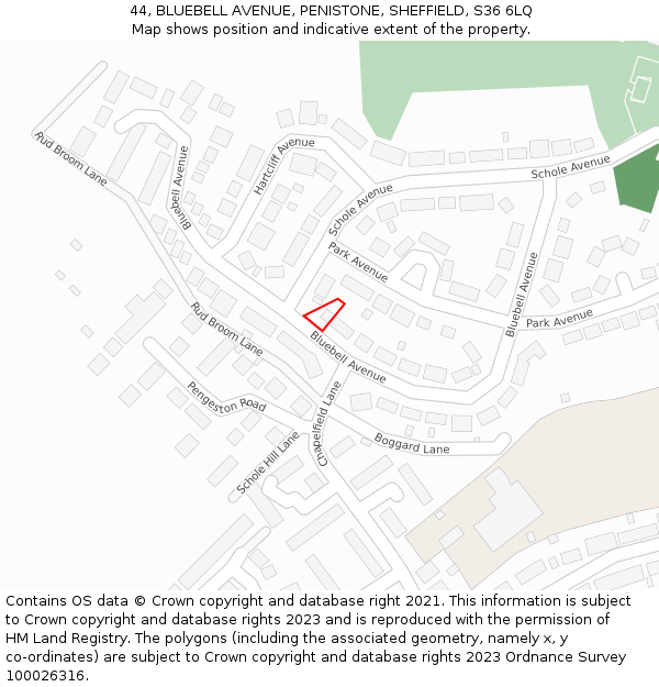 44, BLUEBELL AVENUE, PENISTONE, SHEFFIELD, S36 6LQ: Location map and indicative extent of plot