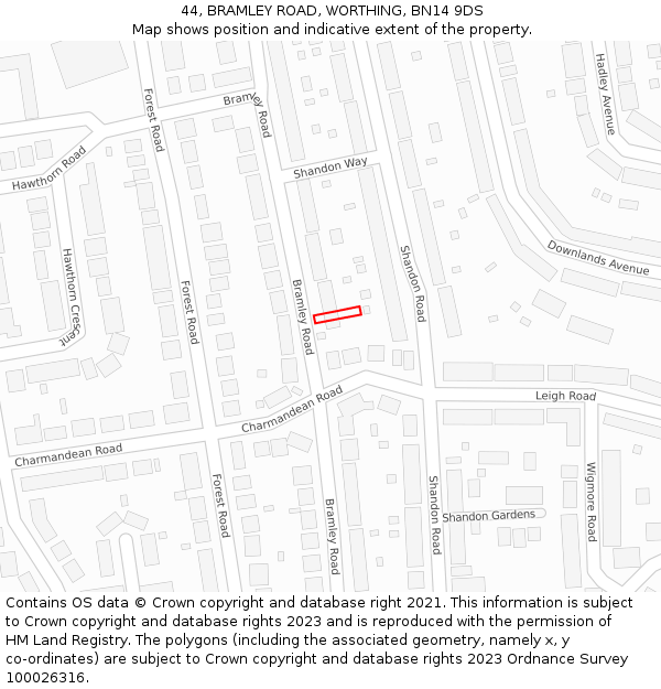 44, BRAMLEY ROAD, WORTHING, BN14 9DS: Location map and indicative extent of plot