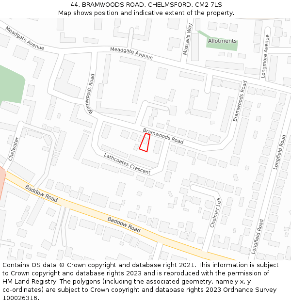 44, BRAMWOODS ROAD, CHELMSFORD, CM2 7LS: Location map and indicative extent of plot