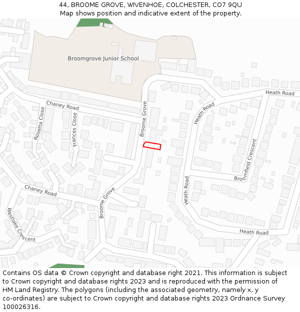 44, BROOME GROVE, WIVENHOE, COLCHESTER, CO7 9QU: Location map and indicative extent of plot