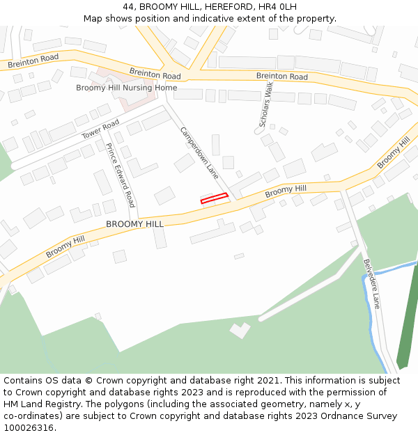 44, BROOMY HILL, HEREFORD, HR4 0LH: Location map and indicative extent of plot