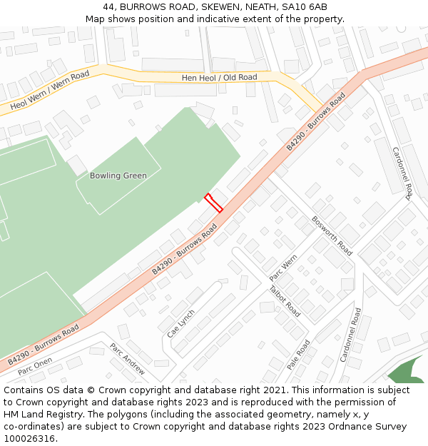 44, BURROWS ROAD, SKEWEN, NEATH, SA10 6AB: Location map and indicative extent of plot