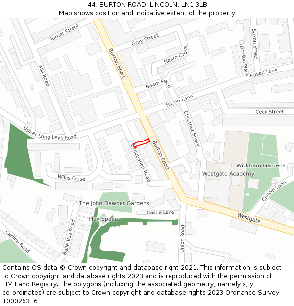 44, BURTON ROAD, LINCOLN, LN1 3LB: Location map and indicative extent of plot