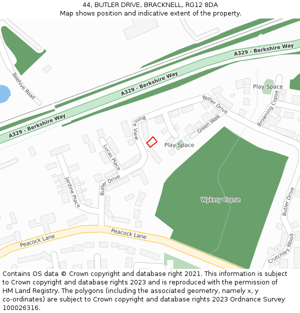 44, BUTLER DRIVE, BRACKNELL, RG12 8DA: Location map and indicative extent of plot
