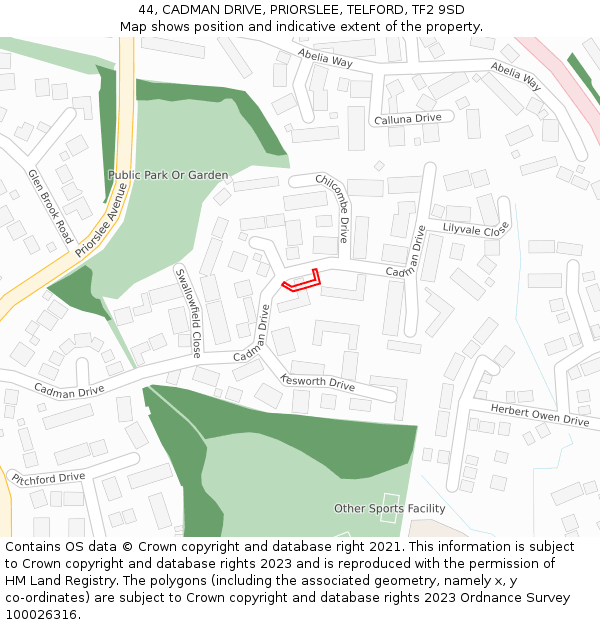 44, CADMAN DRIVE, PRIORSLEE, TELFORD, TF2 9SD: Location map and indicative extent of plot