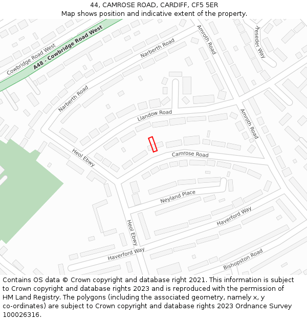 44, CAMROSE ROAD, CARDIFF, CF5 5ER: Location map and indicative extent of plot