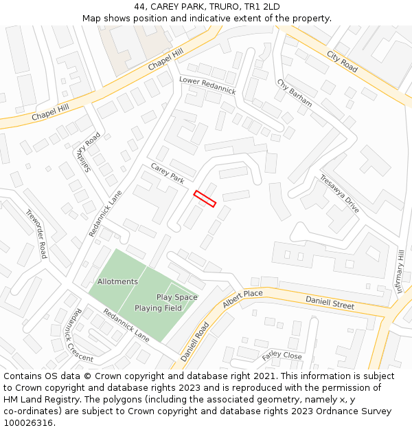 44, CAREY PARK, TRURO, TR1 2LD: Location map and indicative extent of plot
