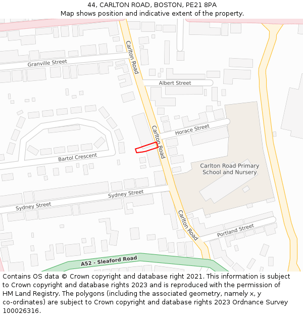 44, CARLTON ROAD, BOSTON, PE21 8PA: Location map and indicative extent of plot