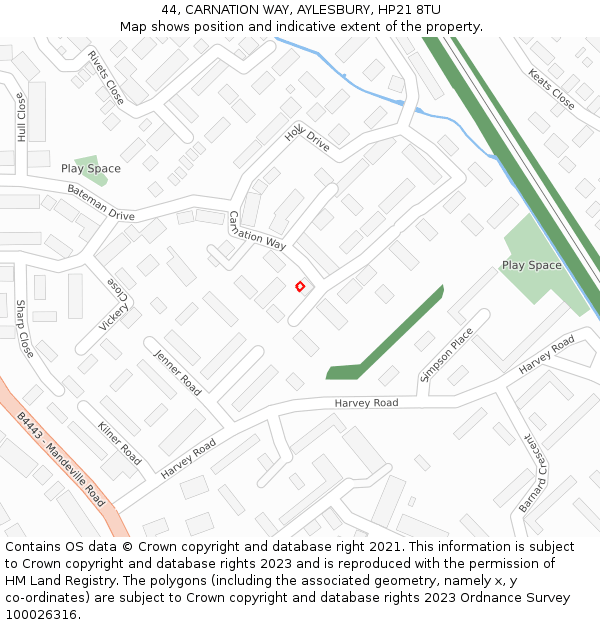 44, CARNATION WAY, AYLESBURY, HP21 8TU: Location map and indicative extent of plot