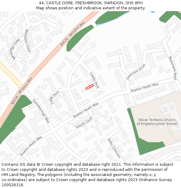 44, CASTLE DORE, FRESHBROOK, SWINDON, SN5 8PH: Location map and indicative extent of plot