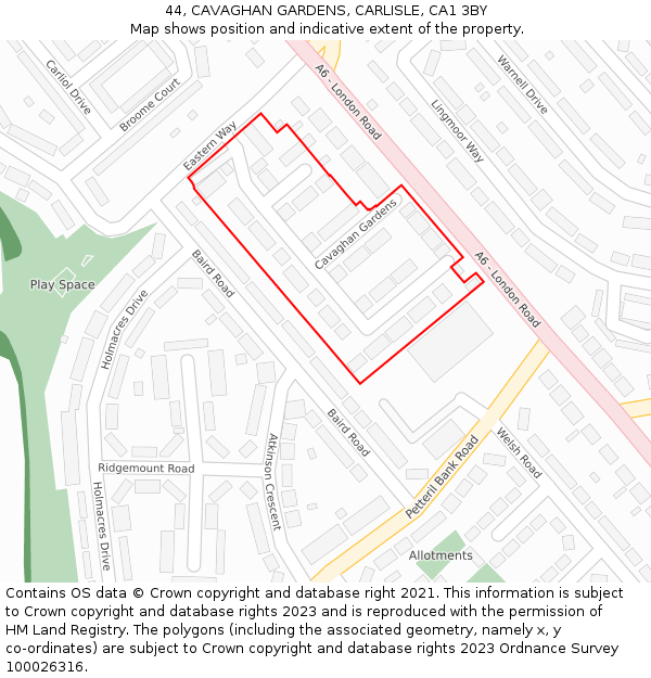 44, CAVAGHAN GARDENS, CARLISLE, CA1 3BY: Location map and indicative extent of plot