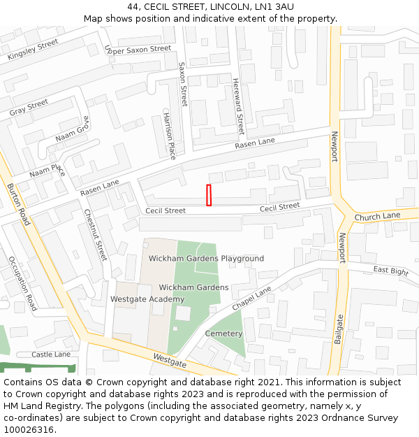 44, CECIL STREET, LINCOLN, LN1 3AU: Location map and indicative extent of plot