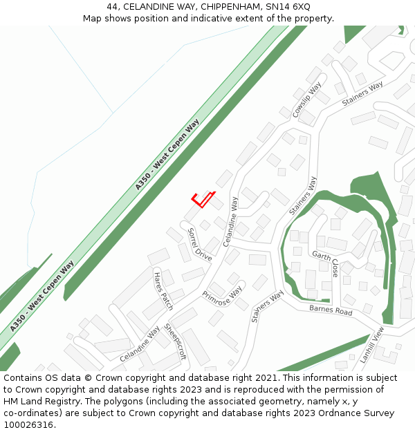 44, CELANDINE WAY, CHIPPENHAM, SN14 6XQ: Location map and indicative extent of plot
