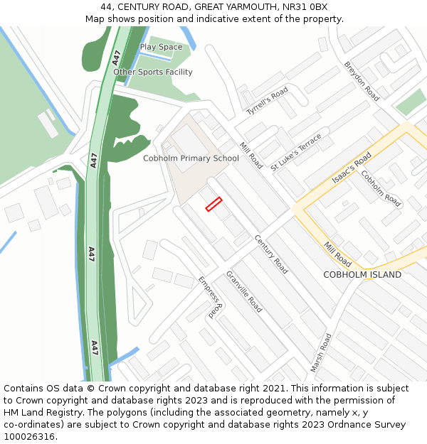44, CENTURY ROAD, GREAT YARMOUTH, NR31 0BX: Location map and indicative extent of plot