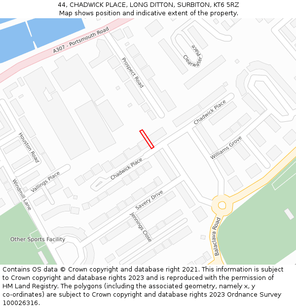 44, CHADWICK PLACE, LONG DITTON, SURBITON, KT6 5RZ: Location map and indicative extent of plot