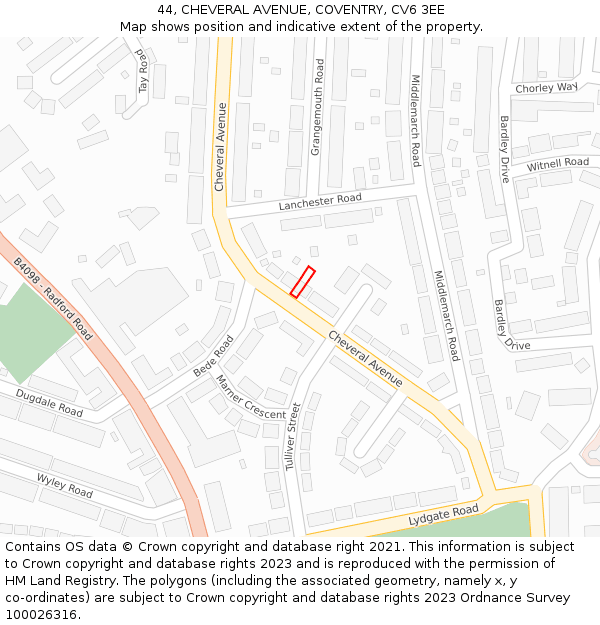 44, CHEVERAL AVENUE, COVENTRY, CV6 3EE: Location map and indicative extent of plot