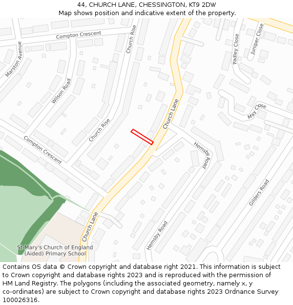 44, CHURCH LANE, CHESSINGTON, KT9 2DW: Location map and indicative extent of plot