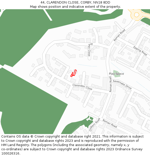 44, CLARENDON CLOSE, CORBY, NN18 8DD: Location map and indicative extent of plot