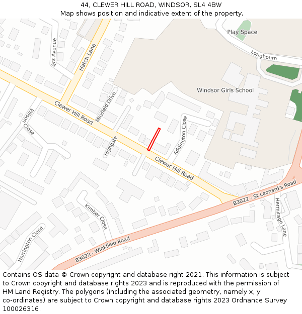44, CLEWER HILL ROAD, WINDSOR, SL4 4BW: Location map and indicative extent of plot