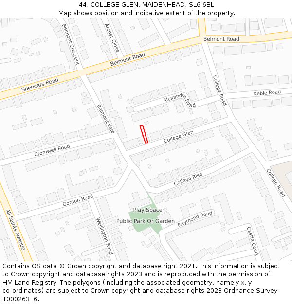 44, COLLEGE GLEN, MAIDENHEAD, SL6 6BL: Location map and indicative extent of plot