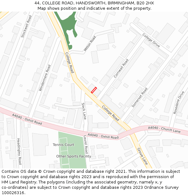 44, COLLEGE ROAD, HANDSWORTH, BIRMINGHAM, B20 2HX: Location map and indicative extent of plot