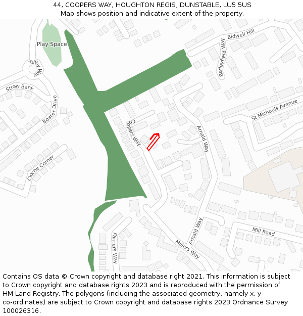 44, COOPERS WAY, HOUGHTON REGIS, DUNSTABLE, LU5 5US: Location map and indicative extent of plot