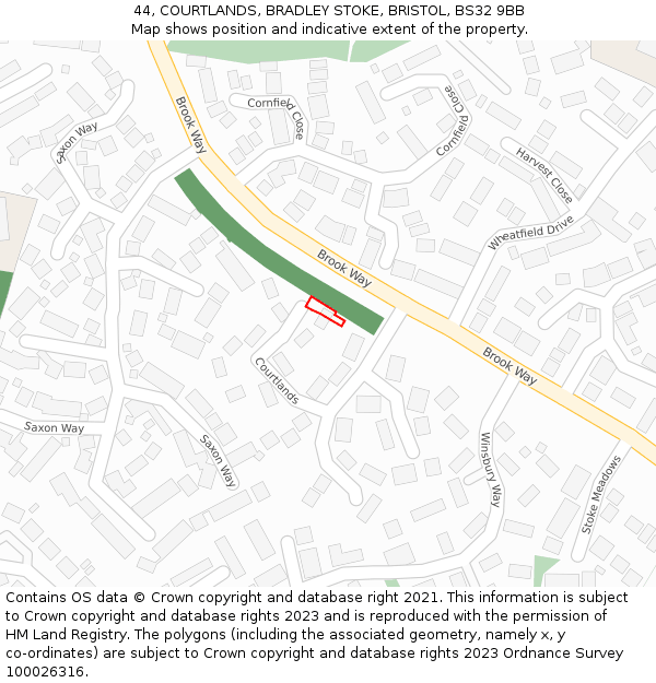 44, COURTLANDS, BRADLEY STOKE, BRISTOL, BS32 9BB: Location map and indicative extent of plot