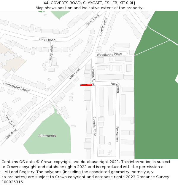 44, COVERTS ROAD, CLAYGATE, ESHER, KT10 0LJ: Location map and indicative extent of plot