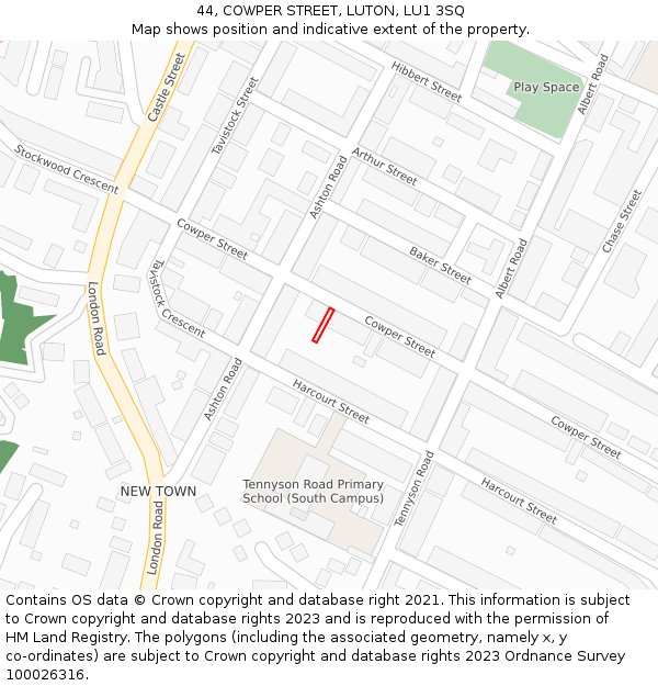 44, COWPER STREET, LUTON, LU1 3SQ: Location map and indicative extent of plot