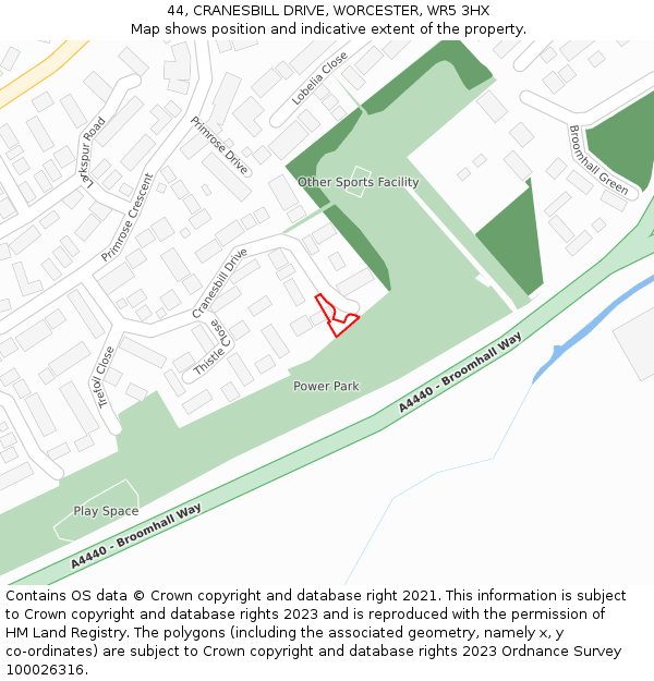 44, CRANESBILL DRIVE, WORCESTER, WR5 3HX: Location map and indicative extent of plot
