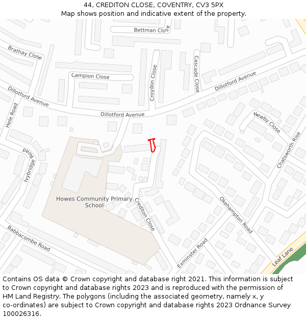 44, CREDITON CLOSE, COVENTRY, CV3 5PX: Location map and indicative extent of plot
